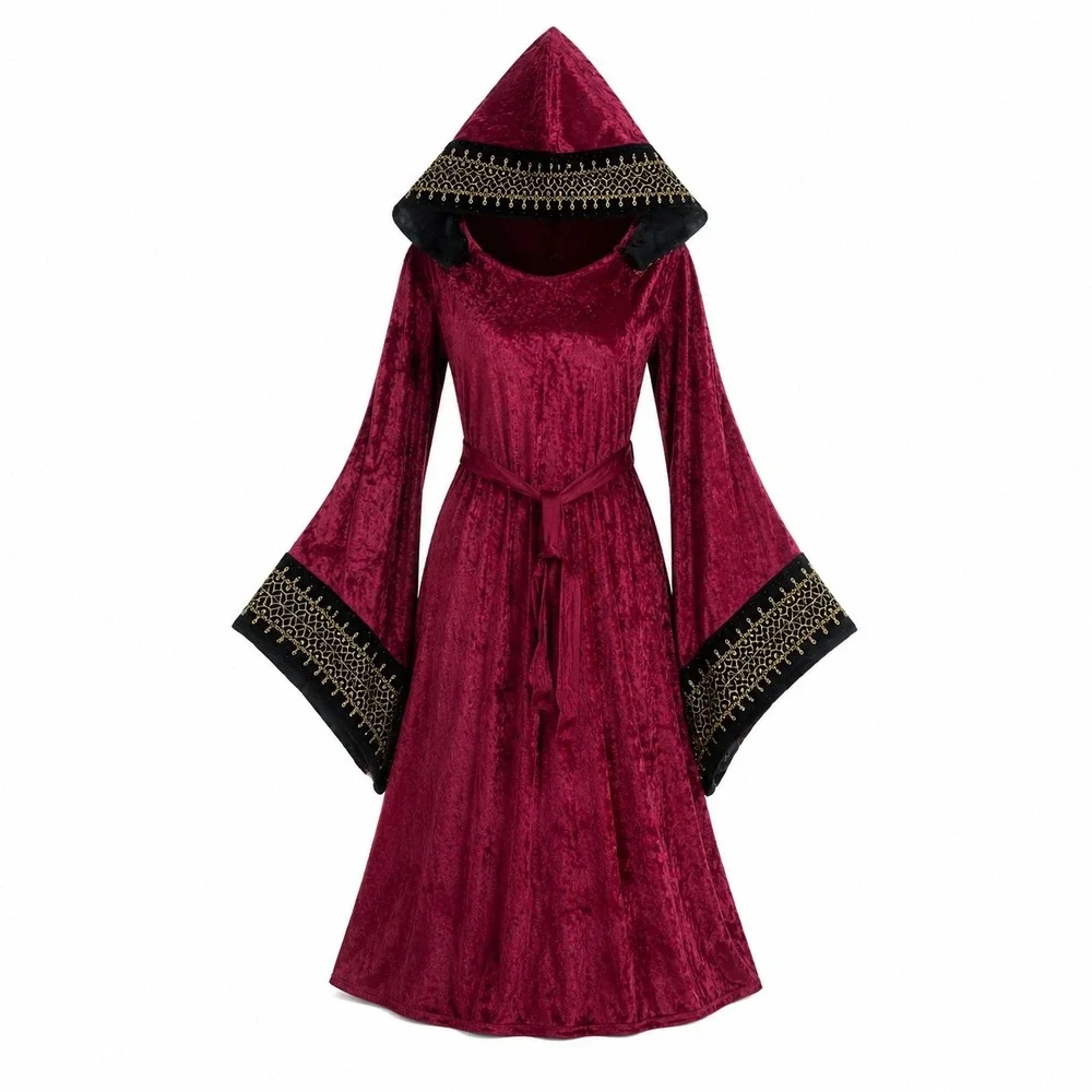 Vintage Deceptions by Disguise Burgundy Medieval Hooded Velvet Dress Jr 9